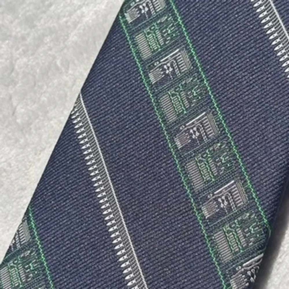 Vintage Smithsonian Navy Blue Circuit Board Tech Silk Blend Necktie Stripe